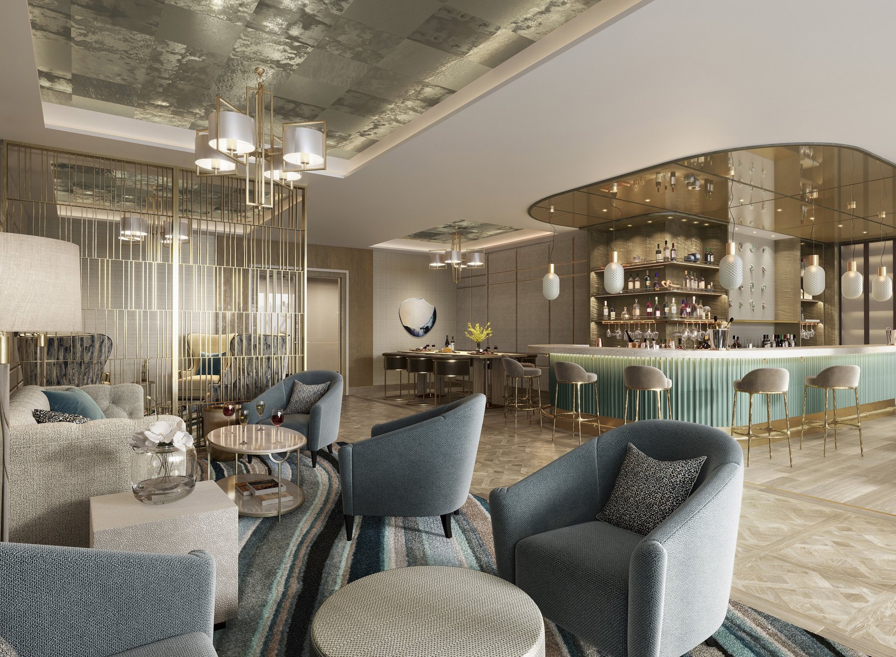 Luxury lounge and bar interior rendering